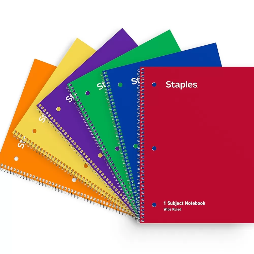 Staples Notebooks<1-Subject Notebooks, 8" x 10.5", Wide Ruled, 70 Sheets, Assorted Colors, 6/Pack (ST11667C)