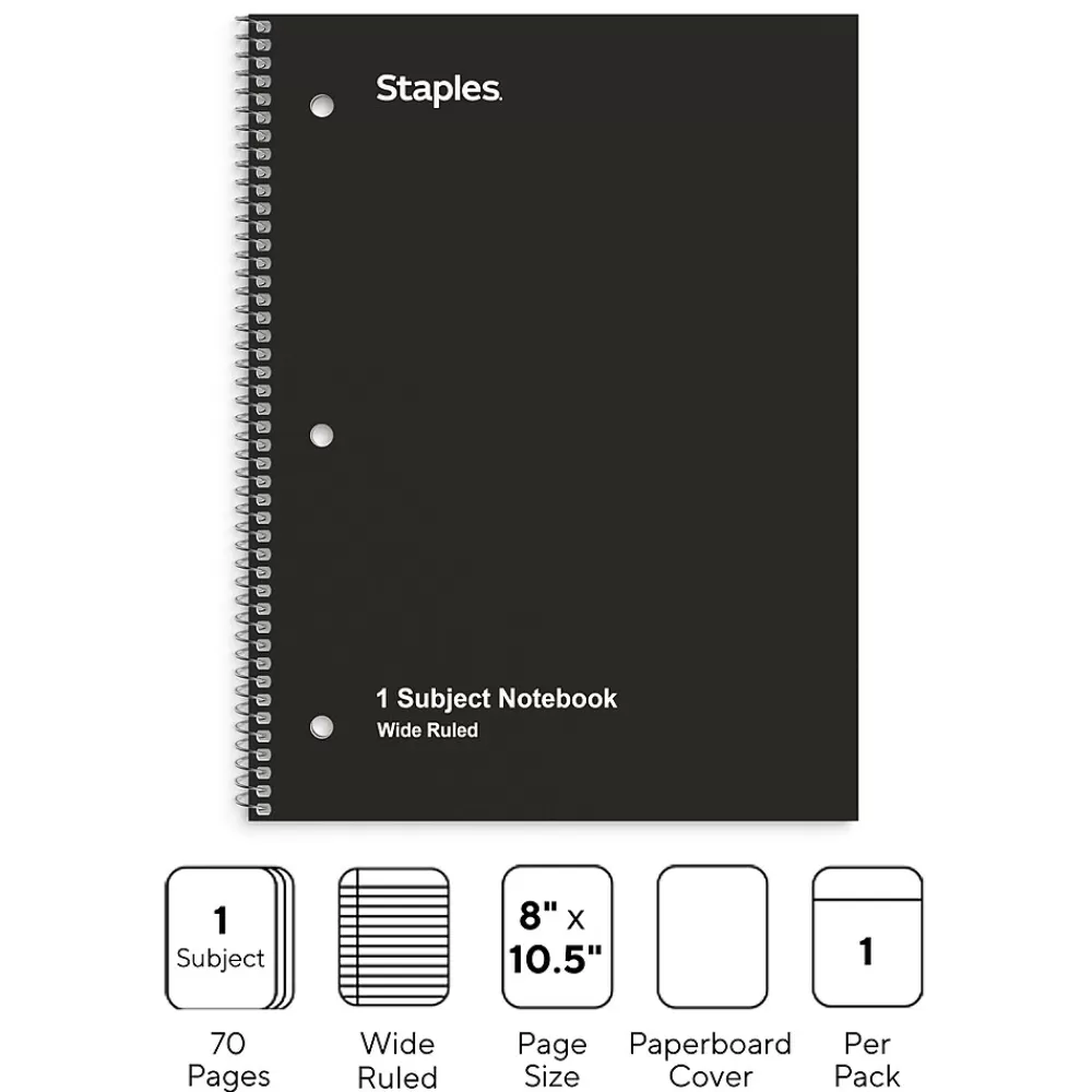 Staples Subject Notebooks<1-Subject Notebooks, 8" x 10.5", Wide Ruled, 70 Sheets, (ST24001C)