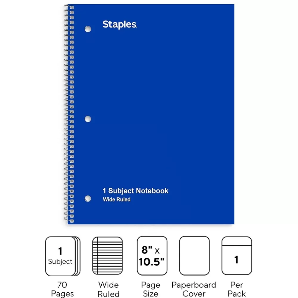 Staples Subject Notebooks<1-Subject Notebooks, 8" x 10.5", Wide Ruled, 70 Sheets, (ST24003C)