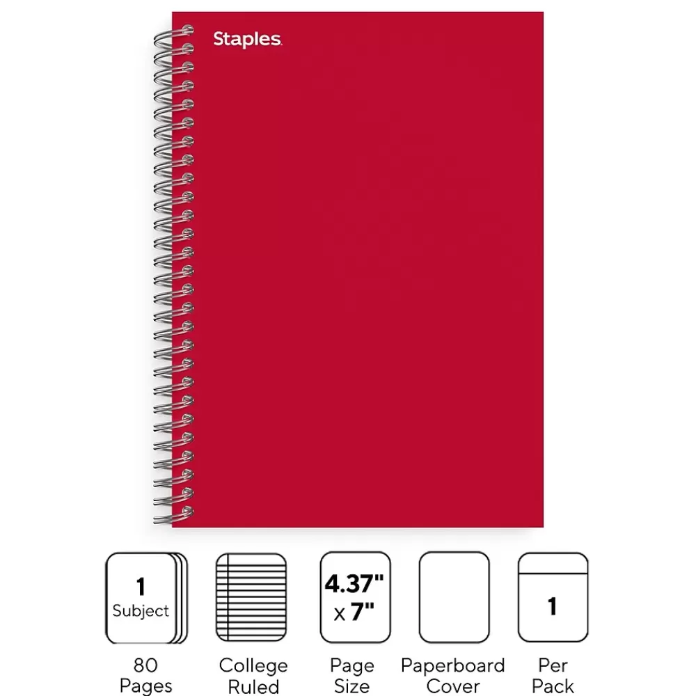 Staples Subject Notebooks<® 1-Subject Subject Notebooks, 5" x 7", College Ruled, 100 Sheets, Assorted (83357)