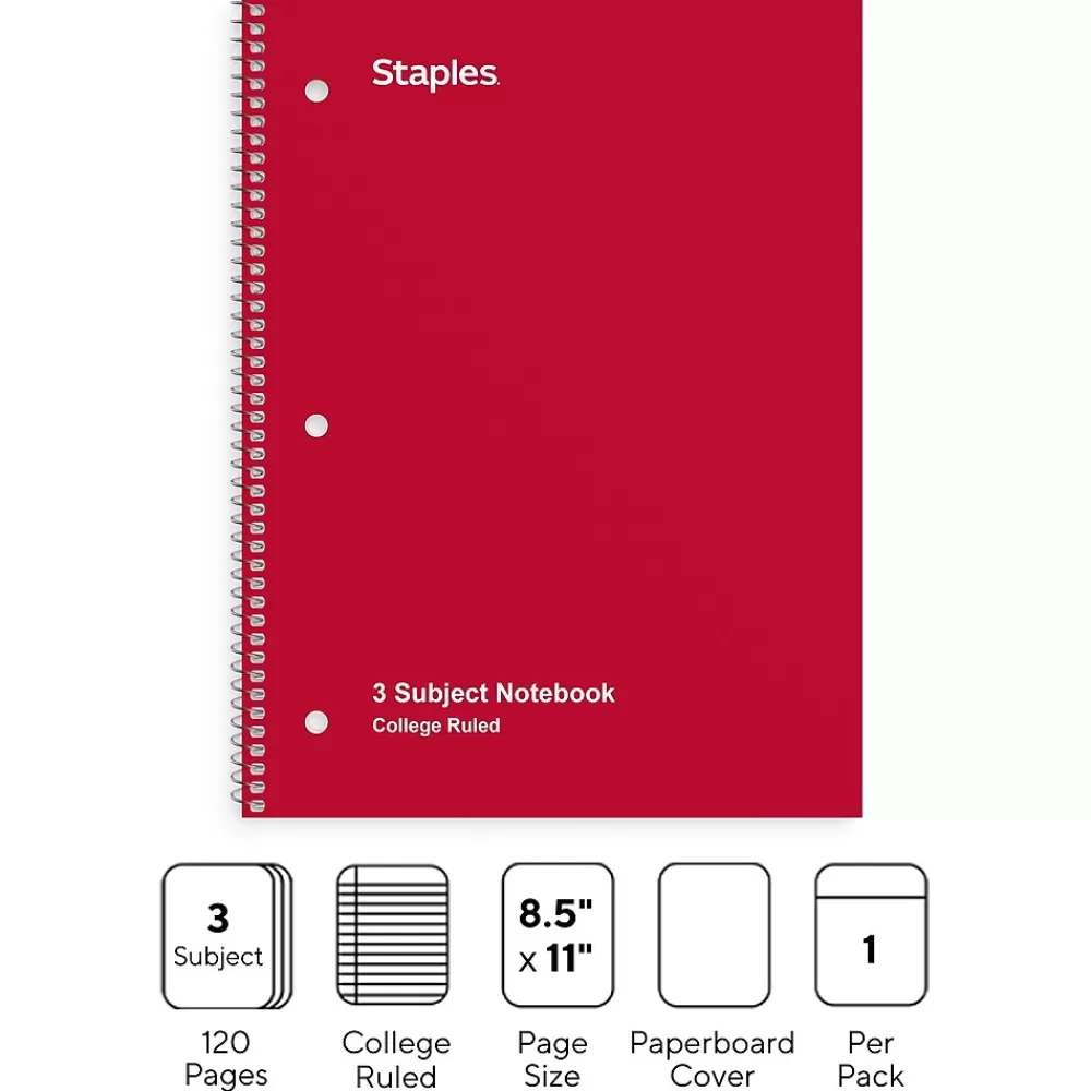 Staples Subject Notebooks<® 3-Subject Subject Notebooks, 8.5" x 11", College Ruled, 150 Sheets, Assorted (27524M)