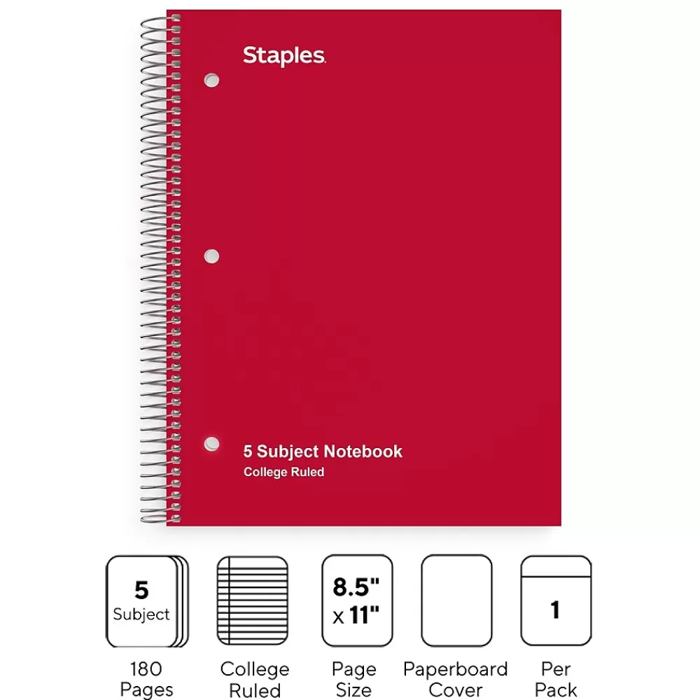 Staples Subject Notebooks<® 5-Subject Subject Notebooks, 8.5" x 11", College Ruled, 200 Sheets, Assorted (10467M-CC)