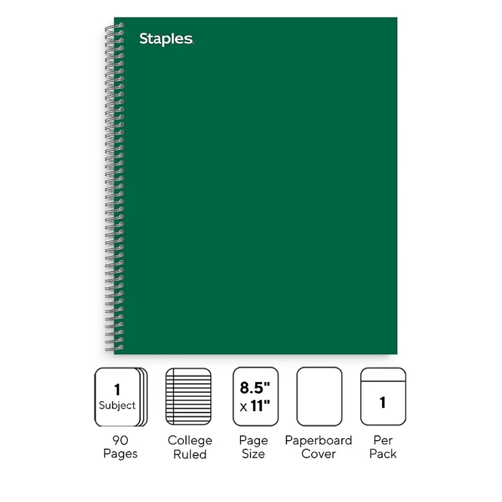 Staples Subject Notebooks<® 1-Subject Subject Notebooks, 8.5" x 11", College Ruled, 100 Sheets, Green (TR58358M-CC)