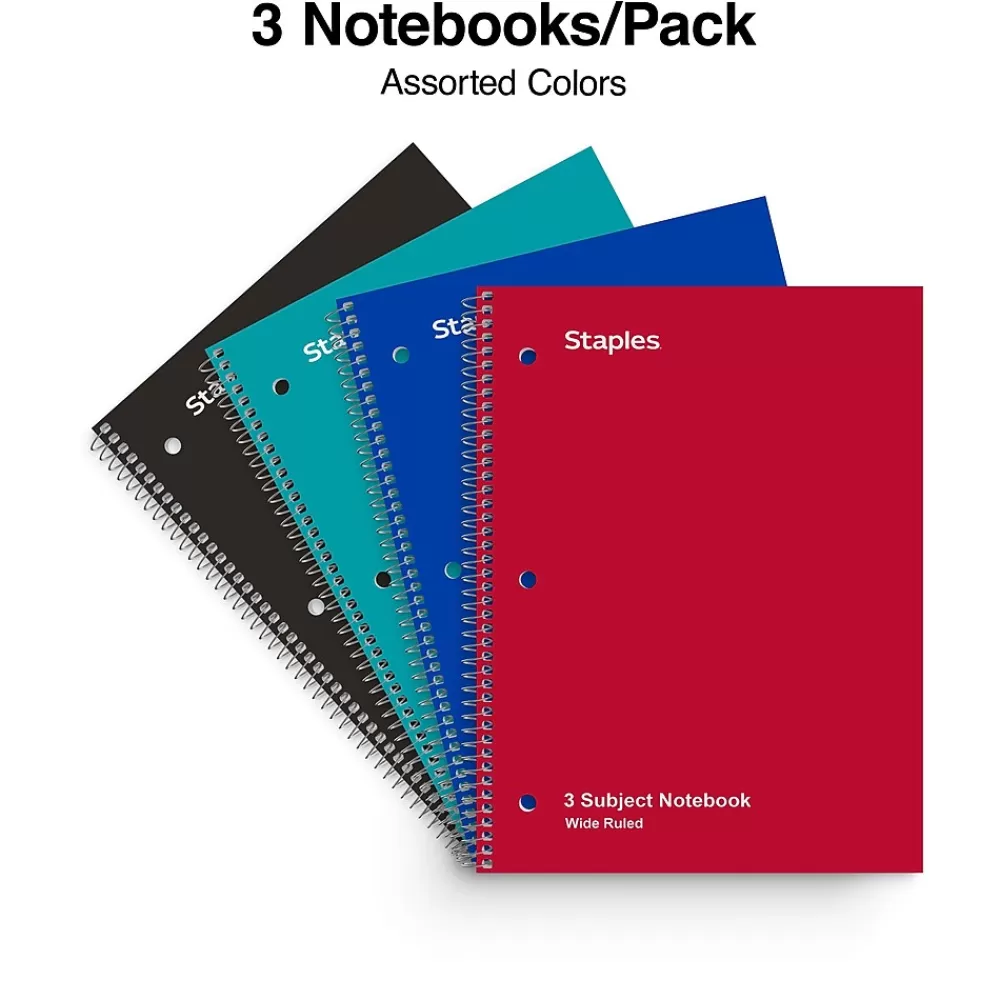 Staples Subject Notebooks<® 3-Subject Subject Notebooks, 8" x 10.5", Wide Ruled, 150 Sheets, Assorted Colors (14574M)