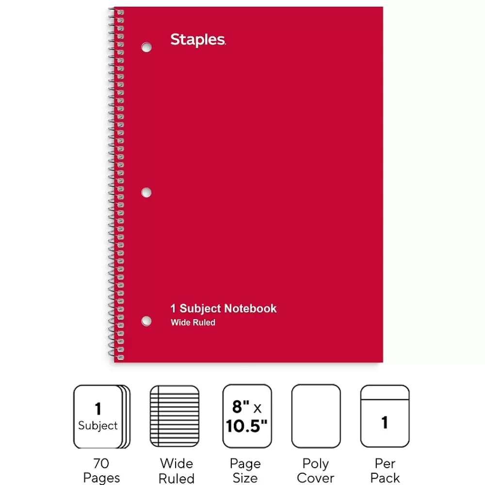Staples Subject Notebooks<® 1-Subject Subject Notebooks, 8" x 10.5", Wide Ruled, 75 Sheets, Assorted Colors (54895B/27615)