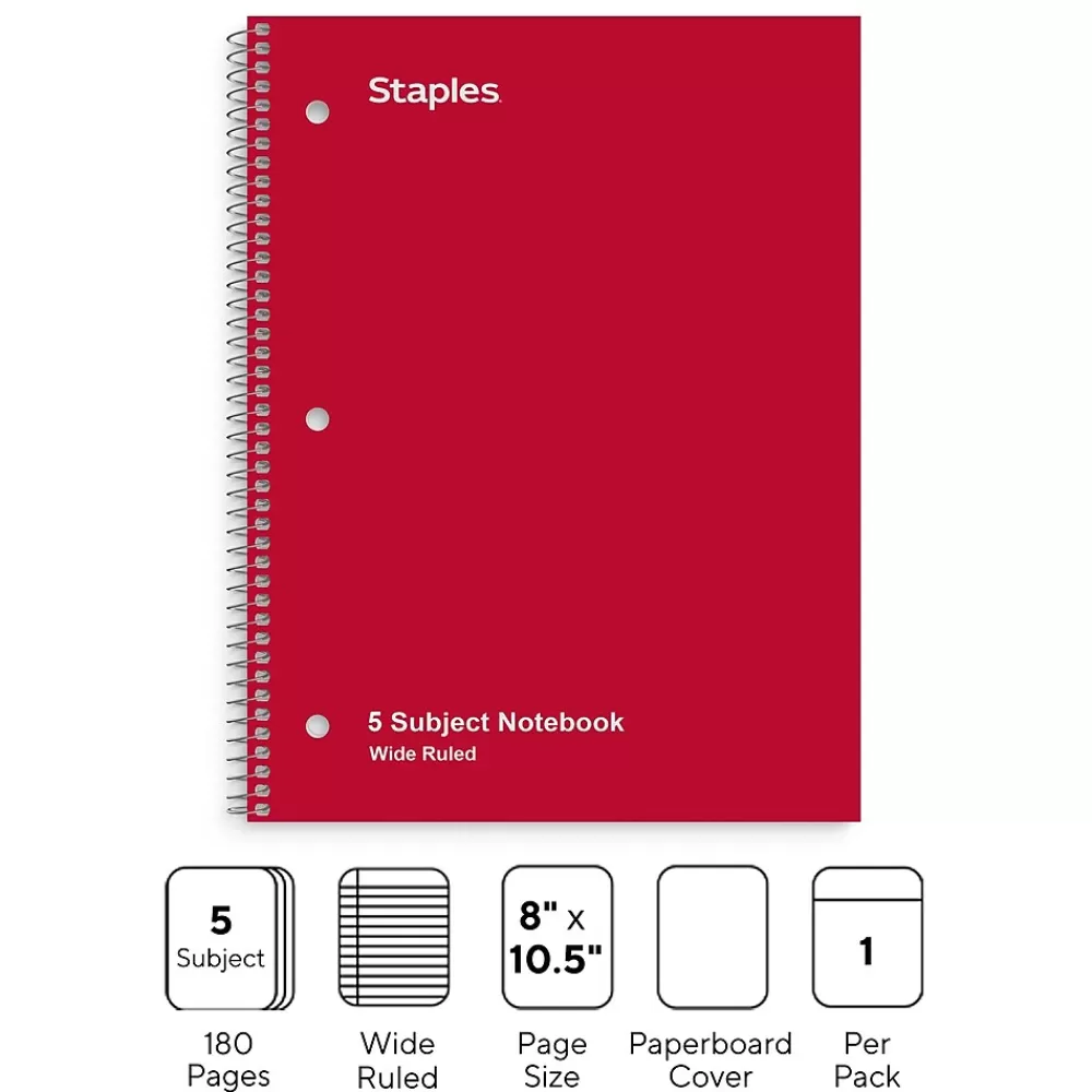 Staples Subject Notebooks<® 5-Subject Subject Notebooks, 8" x 10.5", Wide Ruled, 200 Sheets, Assorted Colors (52694M)