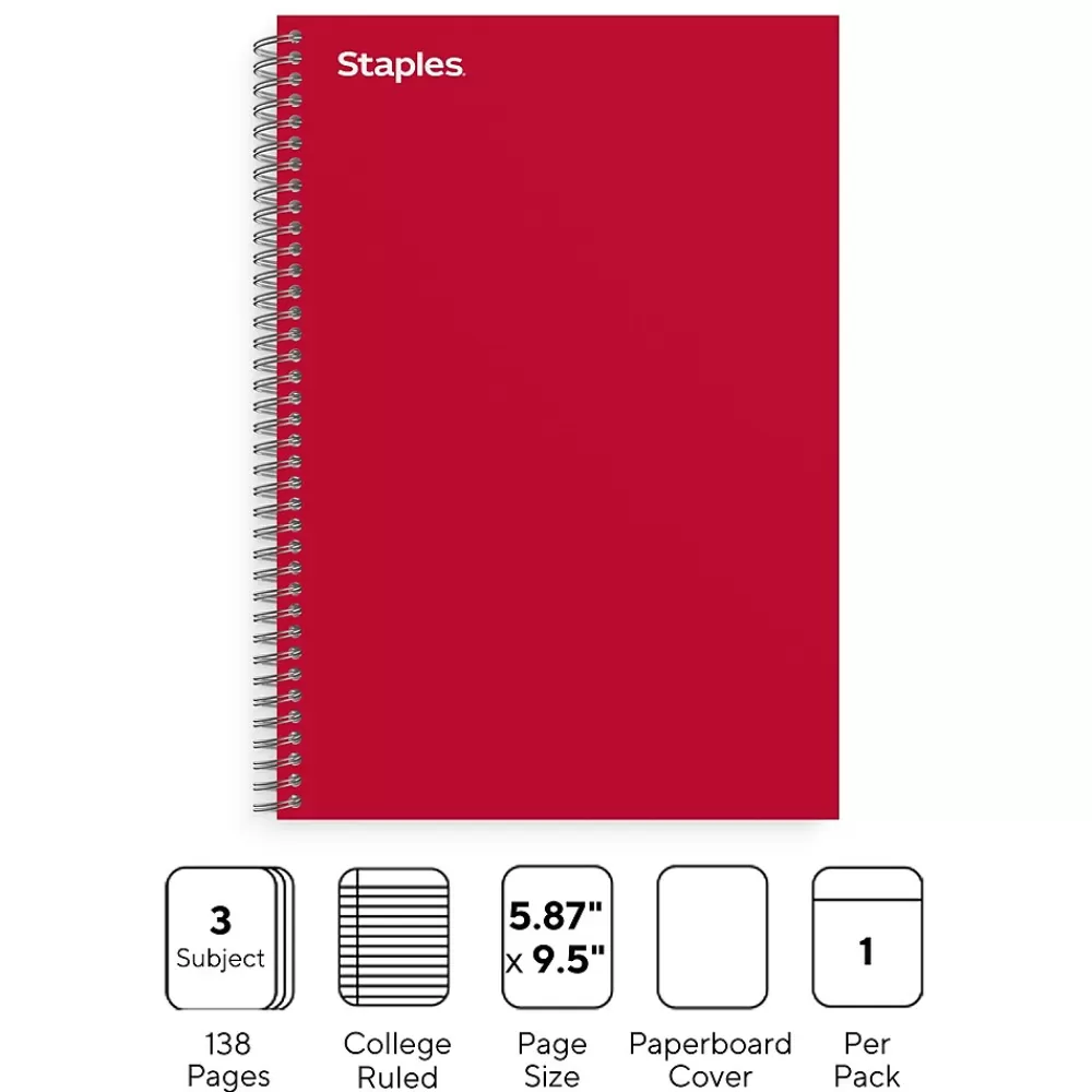 Staples Subject Notebooks<® 3-Subject Subject Notebooks, College Ruled, 150 Sheets, Assorted (83360)