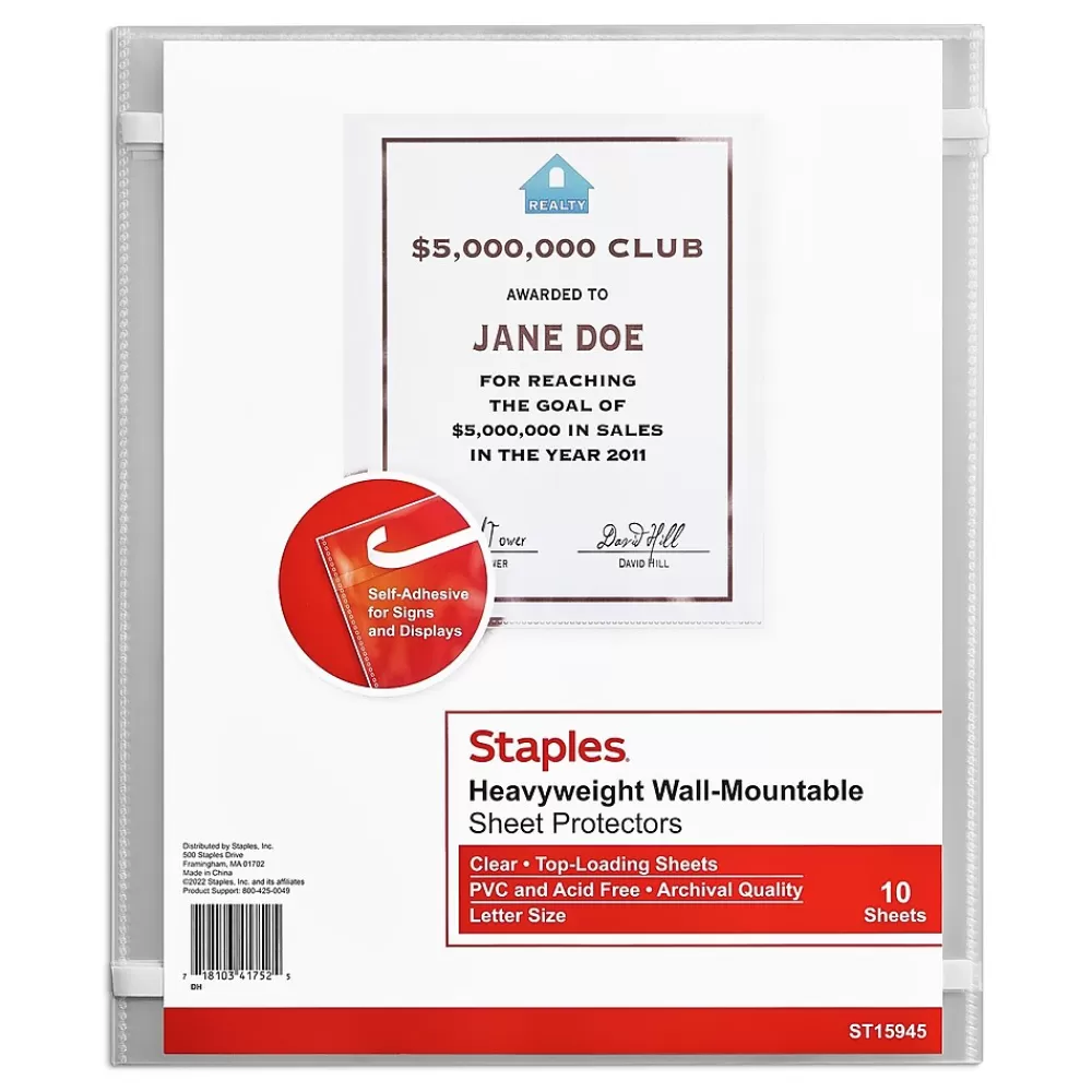 Staples Sheet Protectors<Wall-Mountable Heavyweight Sheet Protector, 8.5" x 11", Diamond Clear, 10/Pack (15945)