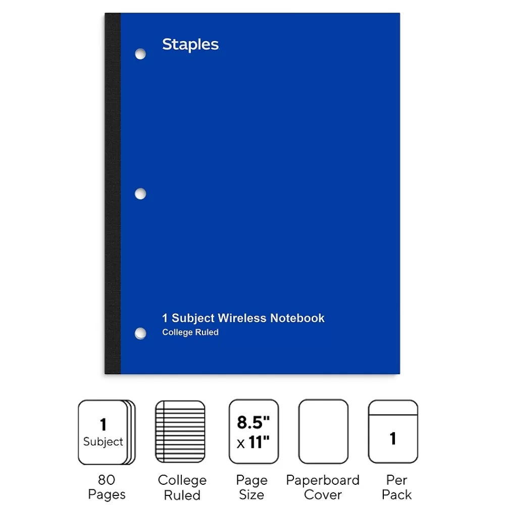 Staples Subject Notebooks<Wireless 1-Subject Notebook, 8.5" x 11", College Ruled, 80 Sheets, (TR58378)