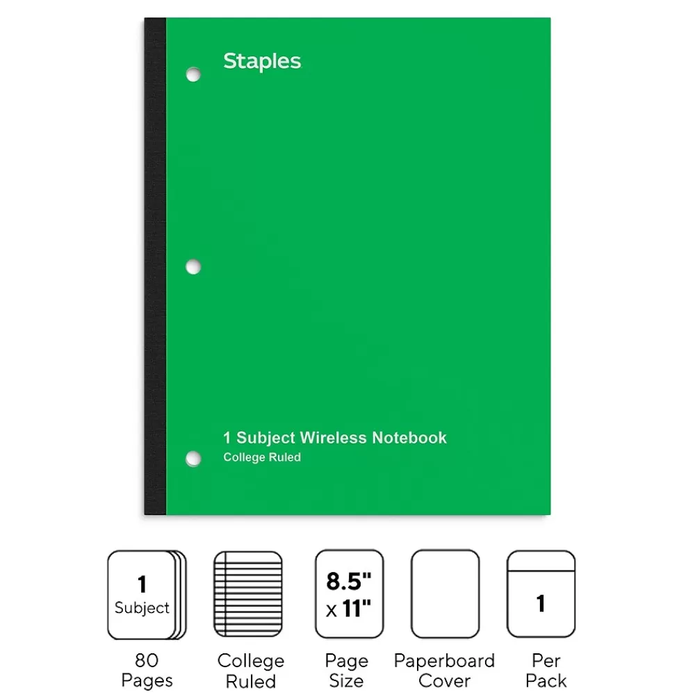 Staples Subject Notebooks<Wireless 1-Subject Notebook, 8.5" x 11", College Ruled, 80 Sheets, (ST58380C)