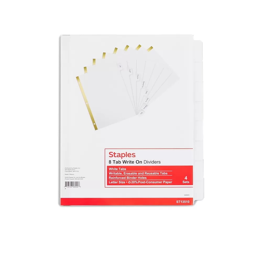 Staples Dividers<Write-On Write & Erase Paper Divider, 8 Tabs, White/White Tabs, 4 Sets (13510/23178)