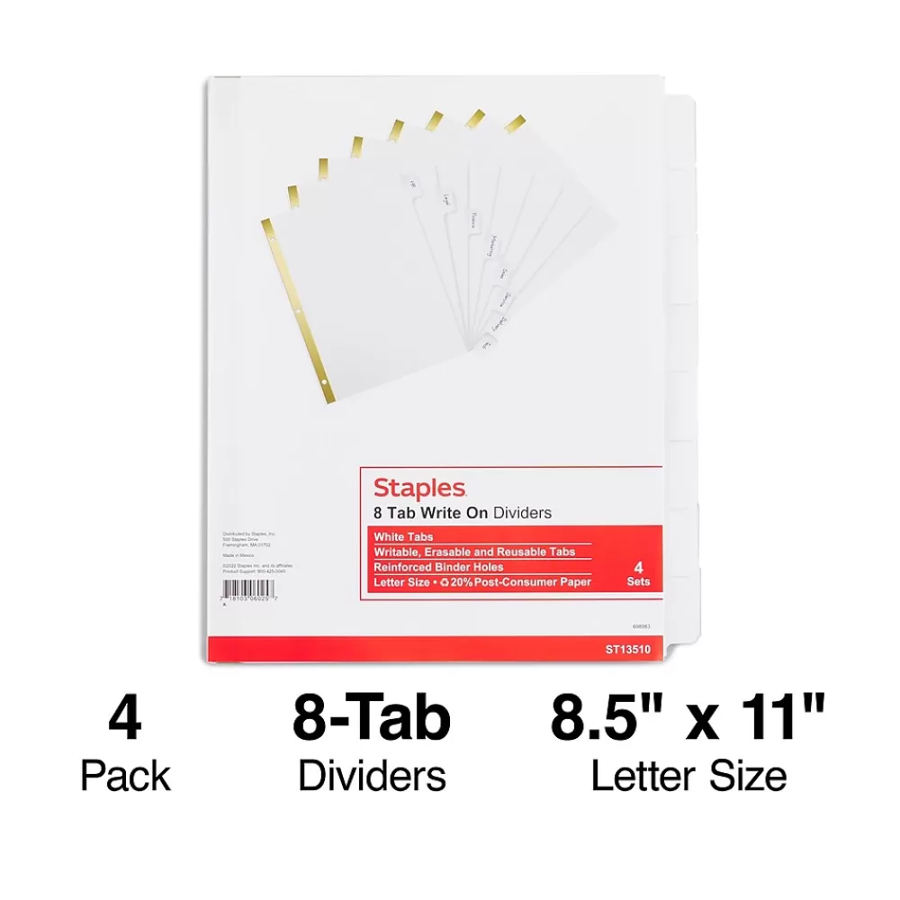Staples Dividers<Write-On Write & Erase Paper Divider, 8 Tabs, White/White Tabs, 4 Sets (13510/23178)