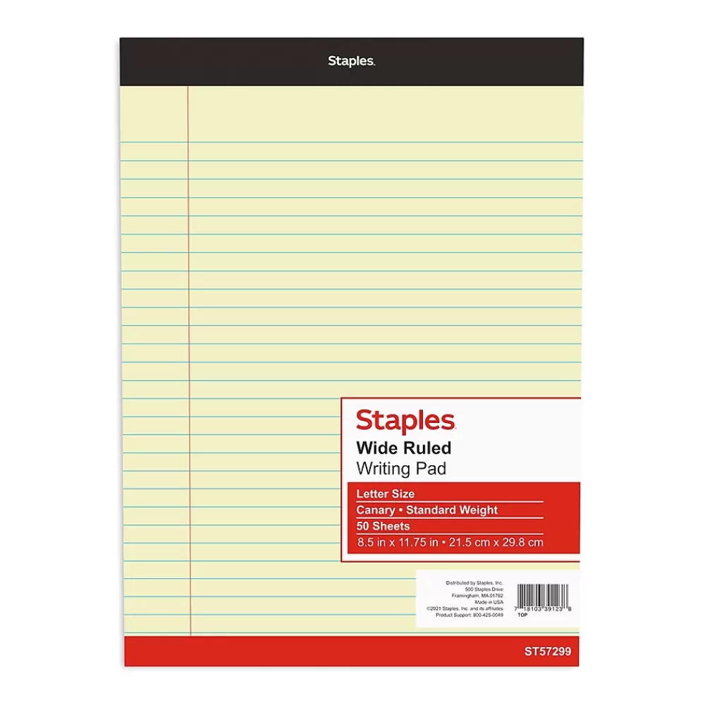 Staples Notepads<Writing Pad, 8.5" x 11.75", Wide Ruled, Canary, 50 Sheets/Pad (40066)