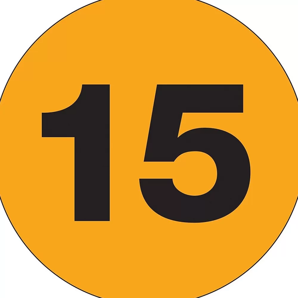 Tape Logic Labels<2" Circle "15" Number Label, Fluorescent Orange, 500/Roll