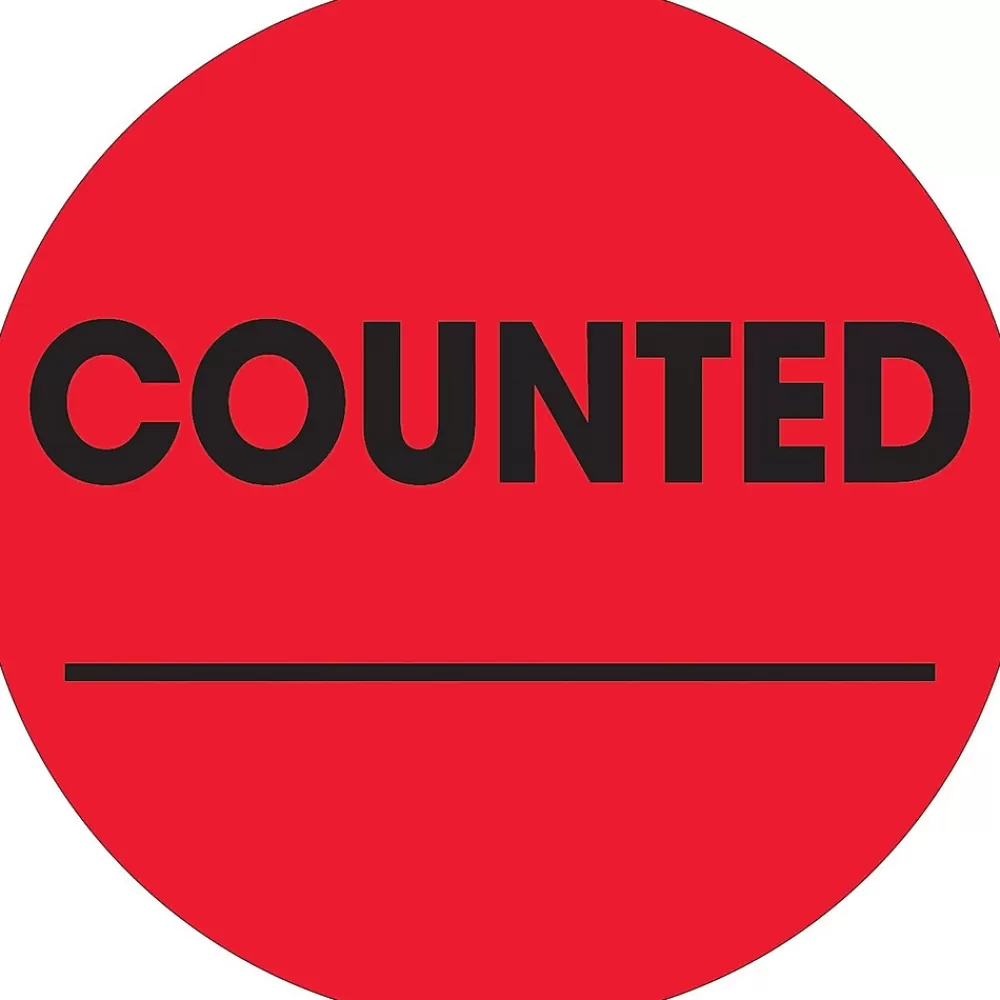 Tape Logic Labels<2" Circle "Counted" Inventory Label, Fluorescent Red, 500/Roll (DL1270)