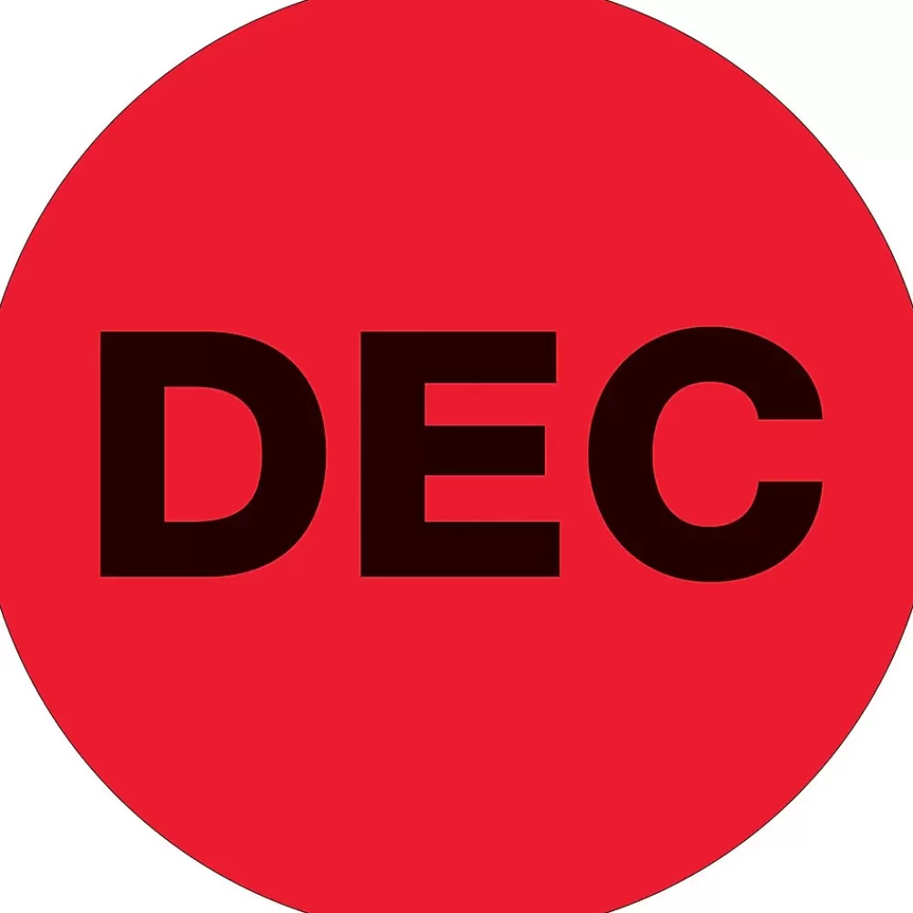 Tape Logic Labels<1" Circle "DEC" Month of the Year Labels, Fluorescent Red, 500/Roll