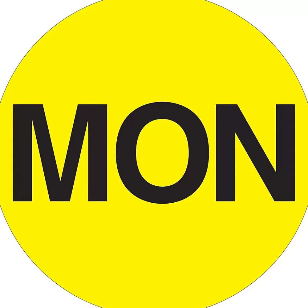 Tape Logic Labels<1" Circle "MON" Days of the Week Label, Fluorescent Yellow, 500/Roll