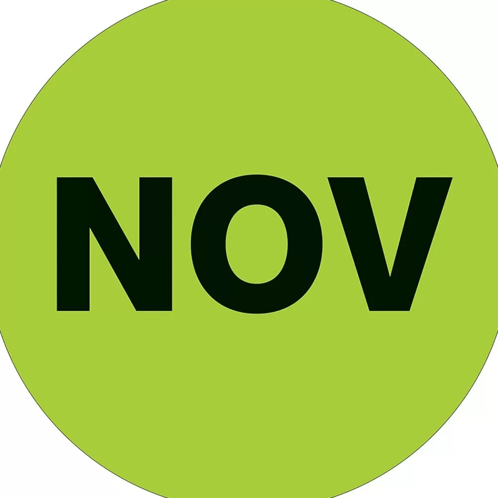 Tape Logic Labels<2" Circle "NOV" Months of the Year Label, Fluorescent Green, 500/Roll