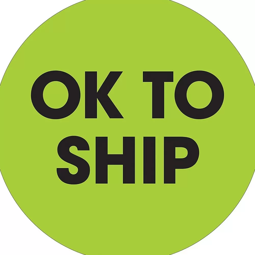 Tape Logic Labels<2" Circle "OK To Ship" Label, Fluorescent Green, 500/Roll