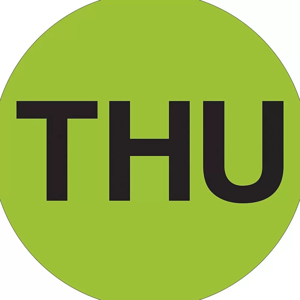 Tape Logic Labels<1" Circle "THU" Days of the Week Label, Fluorescent Green, 500/Roll