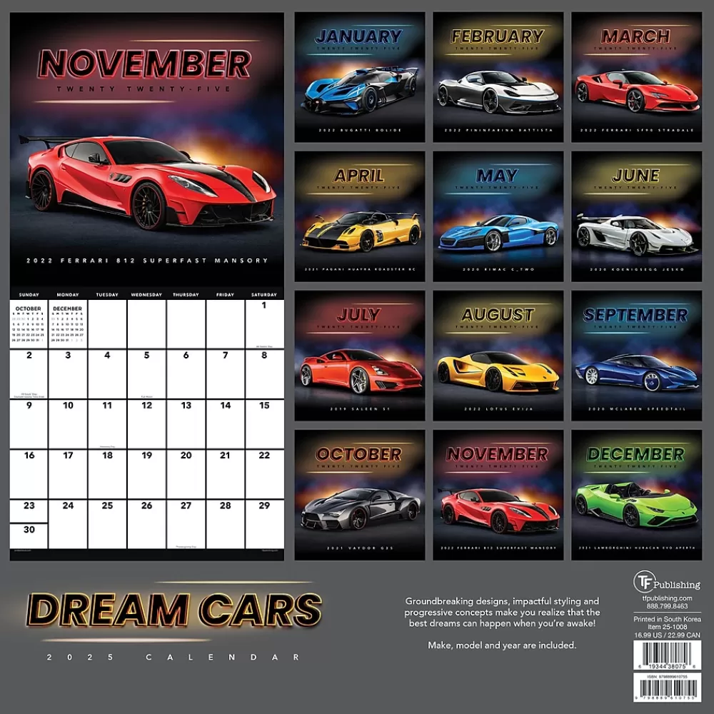 TF Publishing 2025 Calendars<2025 12" x 12" Dream Cars Wall Calendar (25-1008)