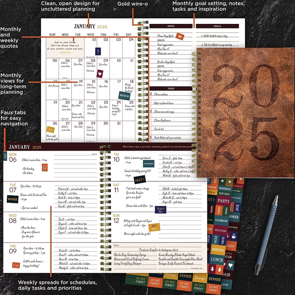 TF Publishing 2025 Planners<2025 Aged Leather 6.5" x 8" Weekly & Monthly Planner, Paperboard Cover, Multicolor (25-9218)