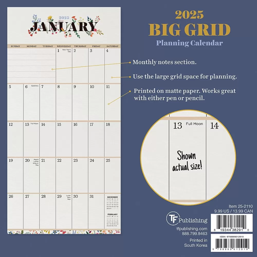 TF Publishing 2025 Calendars<2025 Big Grid-Floral 7" x 7" Monthly Wall Calendar (25-2110)