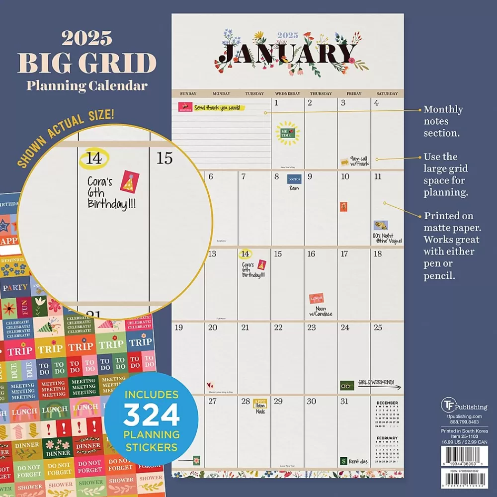 TF Publishing 2025 Calendars<2025 Big Grid-Floral 12" x 12" Monthly Wall Calendar (25-1103)