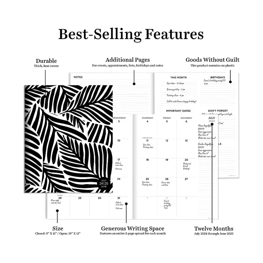 TF Publishing Academic Planners<2024-2025 Black Leaves 9" x 11" Academic Monthly Planner, Paperboard Cover, Black/White (AY25-4500)