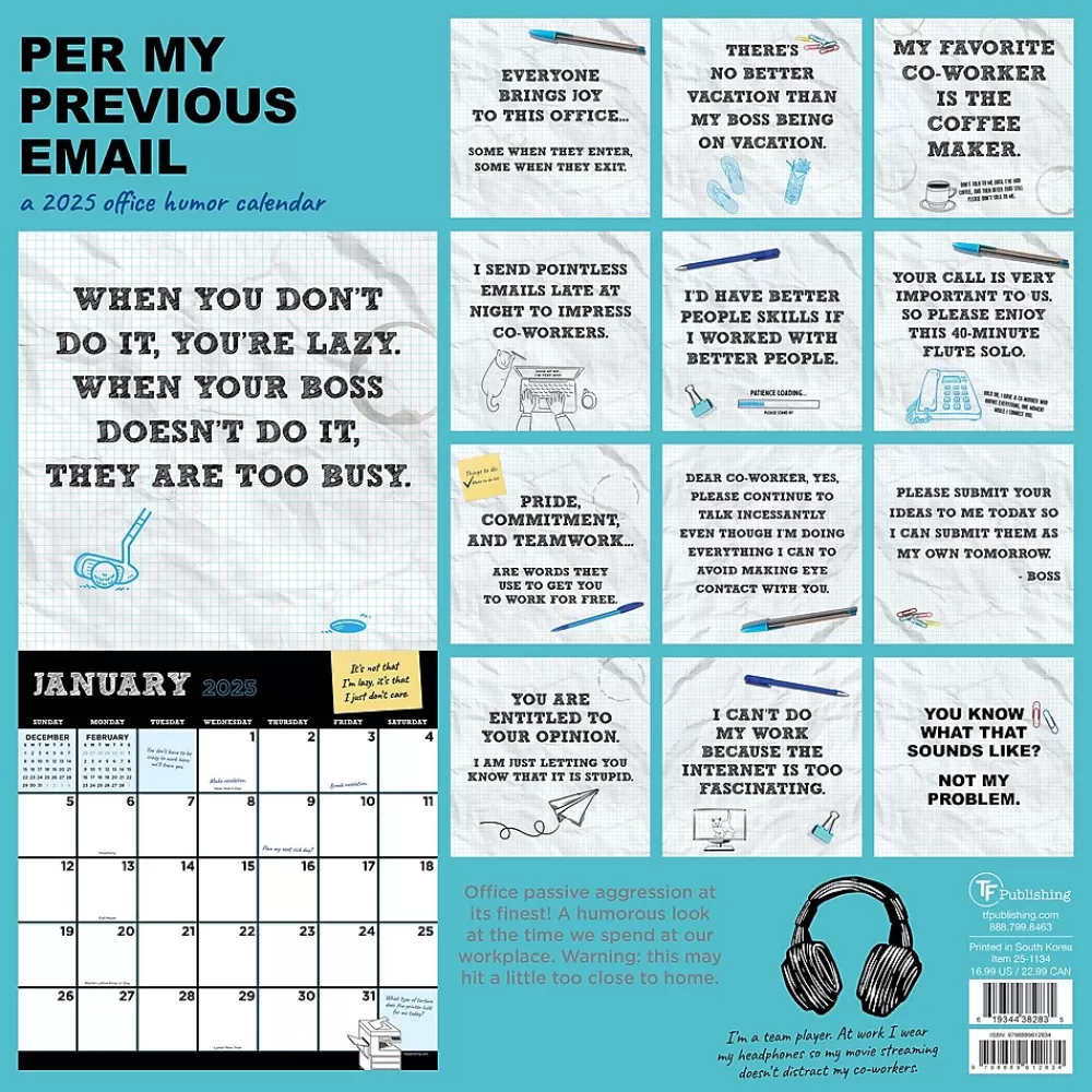 TF Publishing 2025 Calendars<2025 Per My Previous Email 12" x 12" Monthly Wall Calendar (25-1134)
