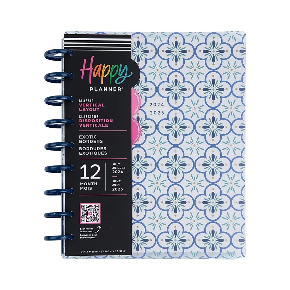 The Happy Planner Academic Planners<2024-2025 Exotic Borders 7" x 9.25" Academic Weekly & Monthly Planner, Plastic Cover, White/Blue