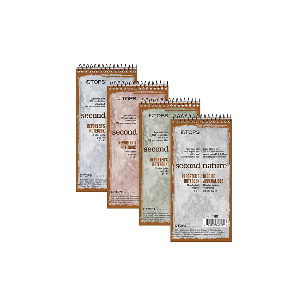 TOPS Notepads<Second Nature Reporter's Notebook, 4" x 8", Gregg Ruled, Assorted Colors, 70 Sheets/Pad (74130)