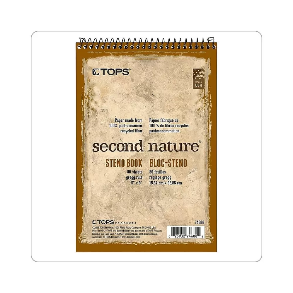 TOPS Notepads<Second Nature Steno Pad, 6" x 9", Gregg Ruled, White, 80 Sheets/Pad (TOP 74688)