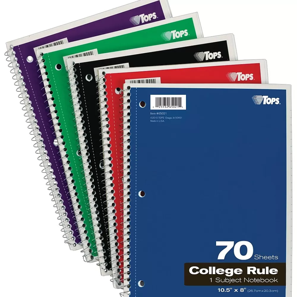 TOPS Subject Notebooks<1-Subject Notebook, 8" x 10.5", College Ruled, 70 Sheets, Assorted Colors (TOP 65021)
