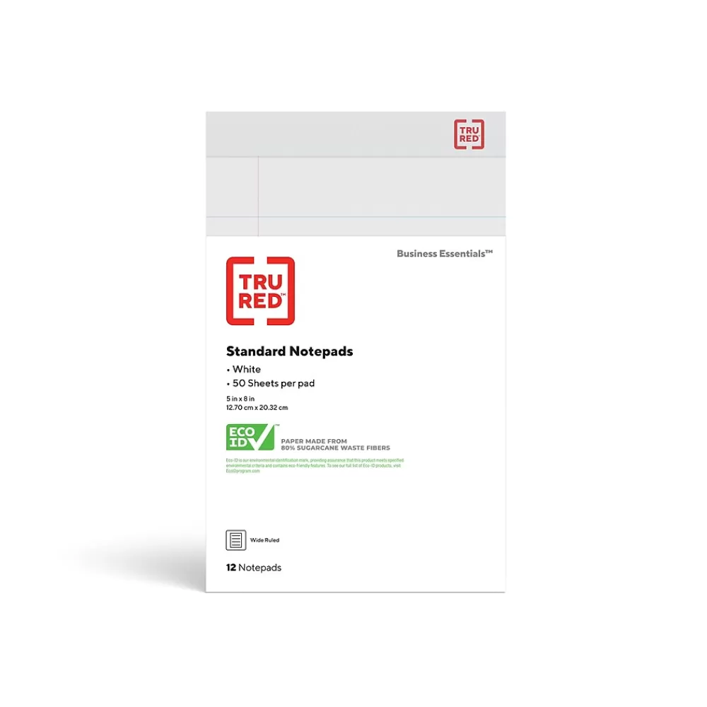 TRU RED Notepads<™ Notepad, 5" x 8", Wide Ruled, White, 50 Sheets/Pad, Dozen Pads/Pack (TR58182)