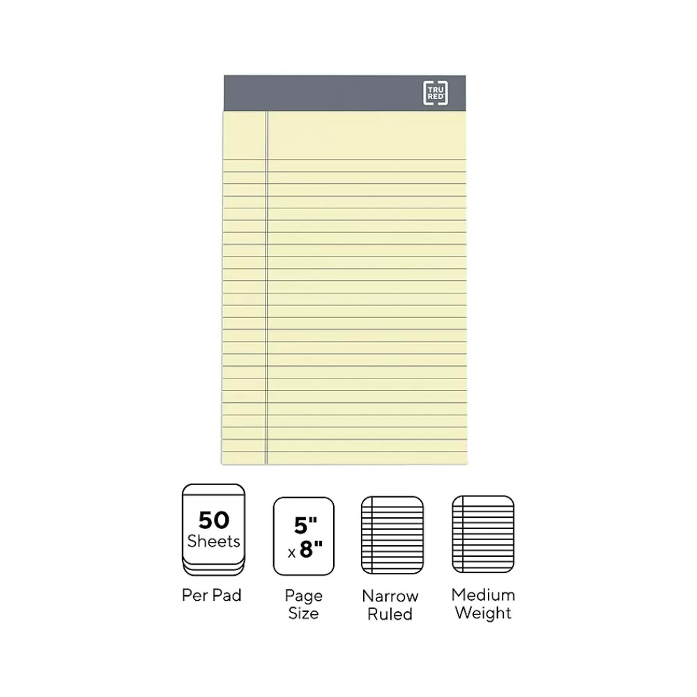 TRU RED Notepads<™ Notepads, 5" x 8", Narrow Ruled, Canary, 50 Sheets/Pad, 12 Pads/Pack (TR57359)