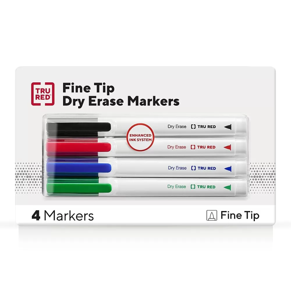 TRU RED Markers<™ Pen Dry Erase Markers, Fine Tip, Assorted, 4/Pack (TR61457/TR54562)