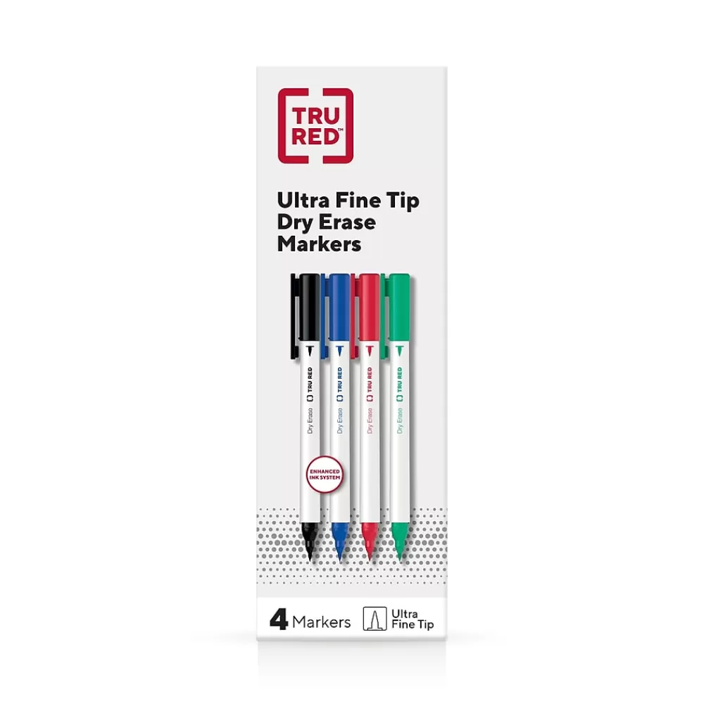 TRU RED Markers<™ Pen Dry Erase Markers, Ultra Fine Tip, Assorted, 4/Pack (TR61458/TR57422)