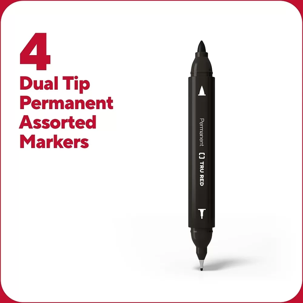 TRU RED Markers<™ Pen Permanent Markers, Twin Tip, Assorted, 4/Pack (TR57828)