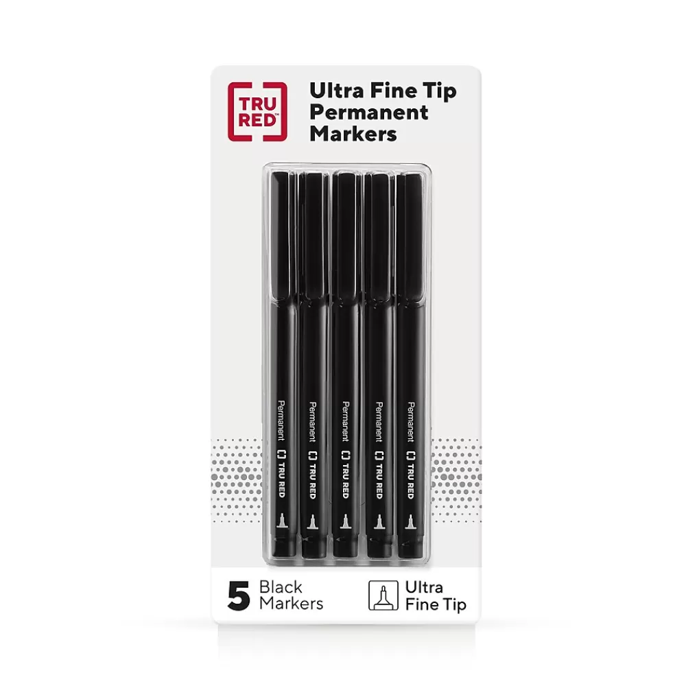 TRU RED Markers<™ Pen Permanent Markers, Ultra Fine Tip, Black, 5/Pack (TR54525)