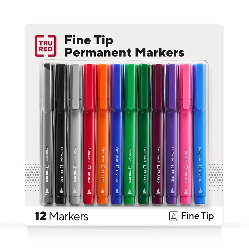 TRU RED Markers<™ Permanent Marker, Fine Tip, Assorted, 12/Pack (TR54530)