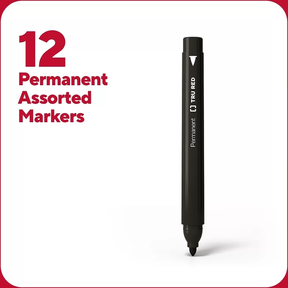 TRU RED Markers<™ Permanent Marker, Fine Tip, Assorted, 12/Pack (TR54530)