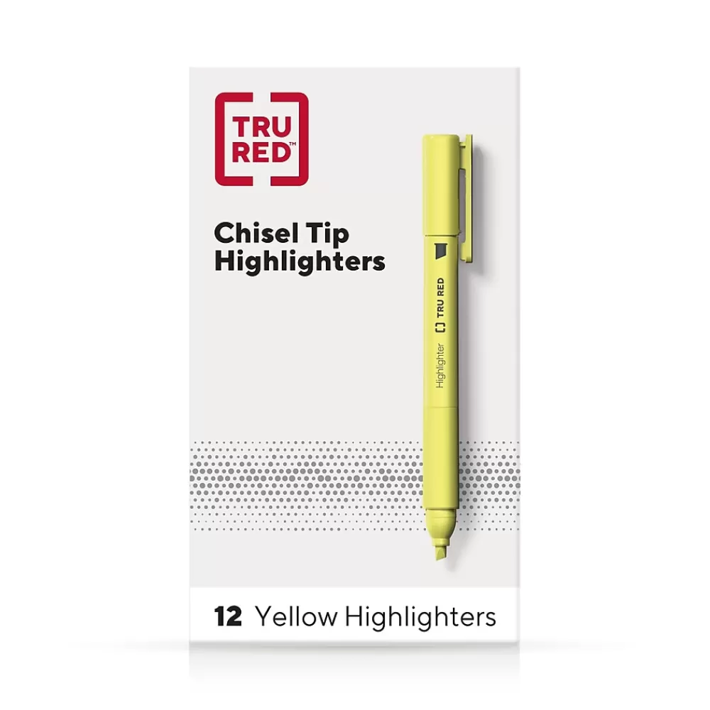 TRU RED Highlighters<™ Pocket Stick Highlighter with Grip, Chisel Tip, Yellow, Dozen (TR54580)