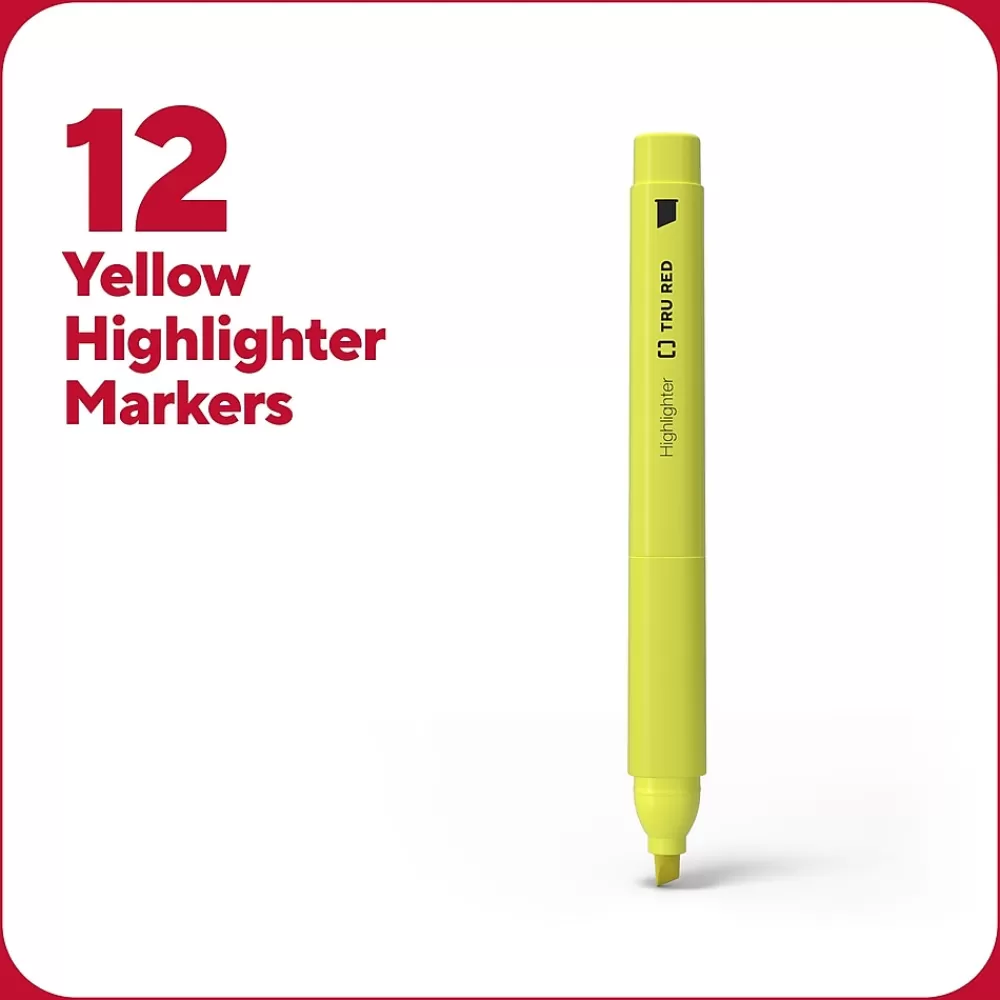 TRU RED Highlighters<™ Pocket Stick Highlighter with Grip, Chisel Tip, Yellow, Dozen (TR54580)