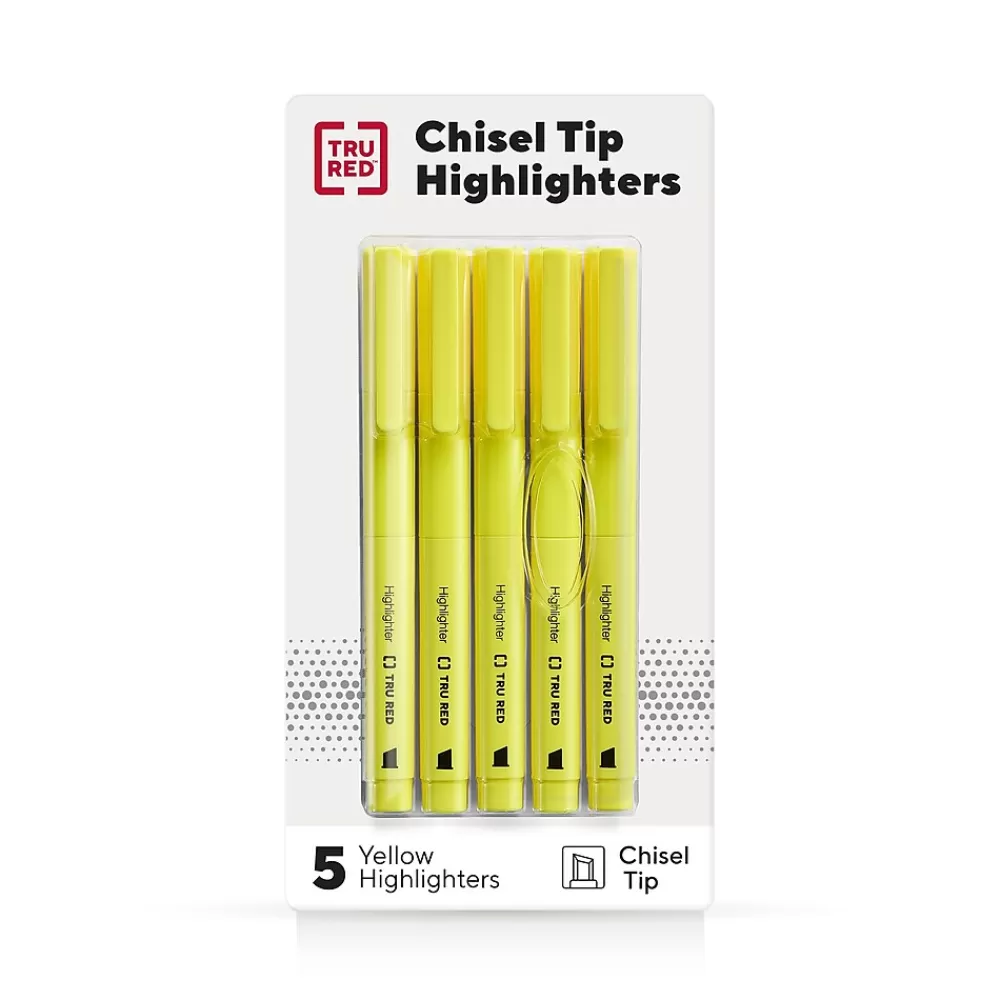 TRU RED Highlighters<™ Pocket Stick Highlighter with Grip, Chisel Tip, Yellow, 5/Pack (TR54578)