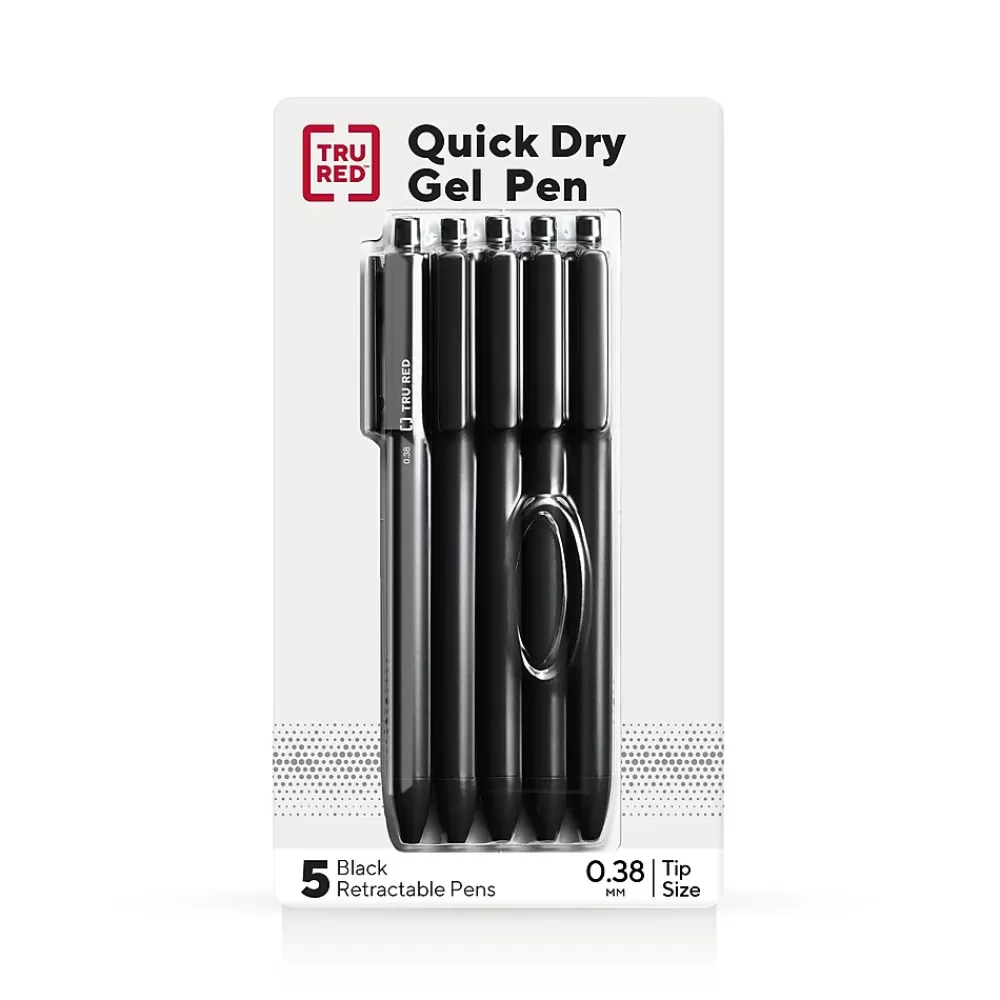 TRU RED Pens<™ Retractable Quick Dry Gel Pen, Extra Fine Point, 0.38mm, Black, 5/Pack (TR56951)