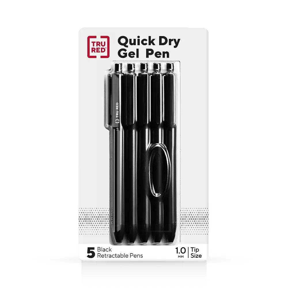 TRU RED Pens<™ Retractable Quick Dry Gel Pen, Medium Point, 1.0mm, Black, 5/Pack (TR56952)