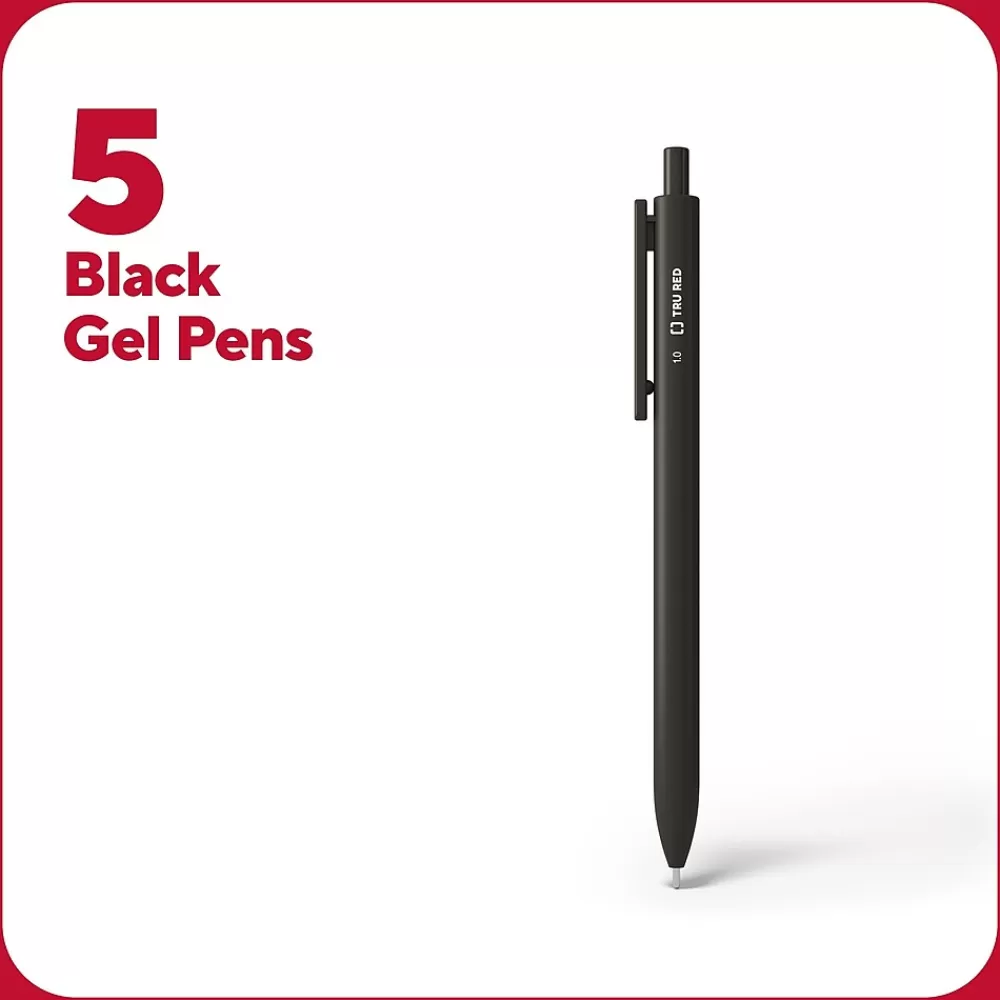 TRU RED Pens<™ Retractable Quick Dry Gel Pen, Medium Point, 1.0mm, Black, 5/Pack (TR56952)