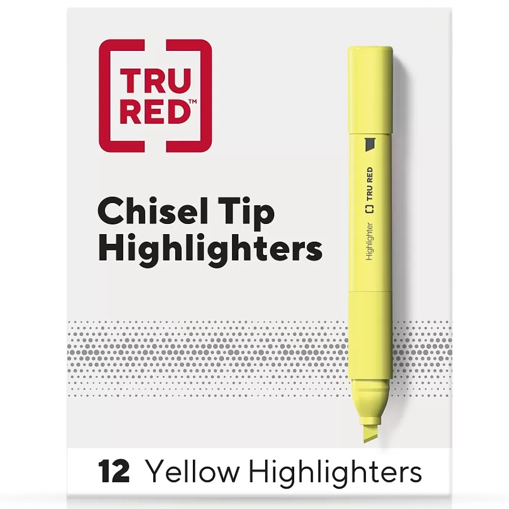 TRU RED Highlighters<™ Tank Highlighter with Grip, Chisel Tip, Yellow, Dozen (TR54579)