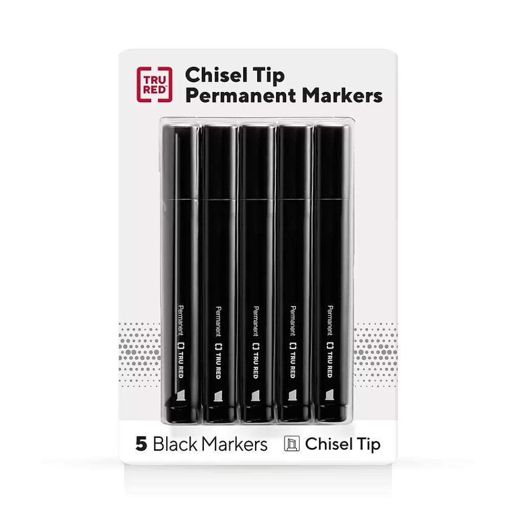 TRU RED Markers<™ Tank Permanent Markers, Chisel Tip, Black, 5/Pack (TR54523)